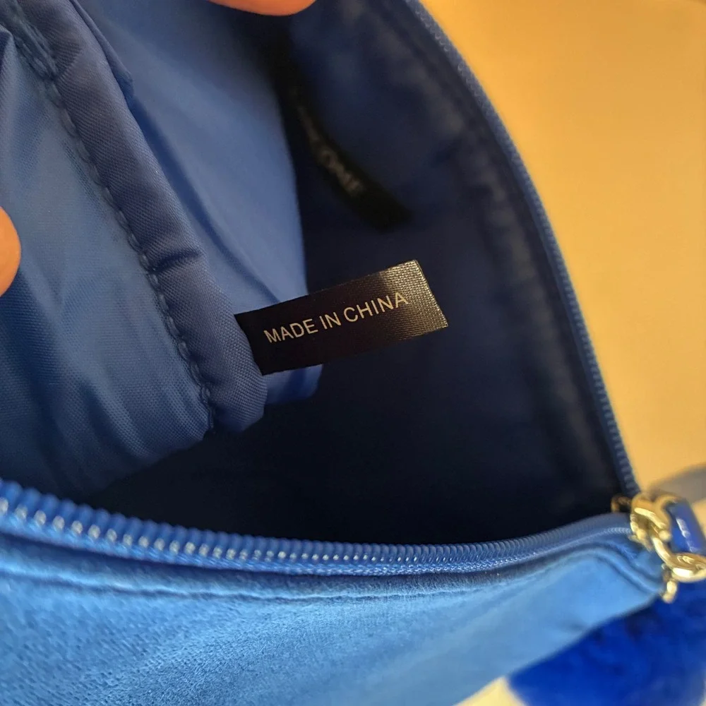 Lancome Paris Blue Faux Suede Cosmetic Bag Makeup Pouch with Pom Pom Charm Luxe